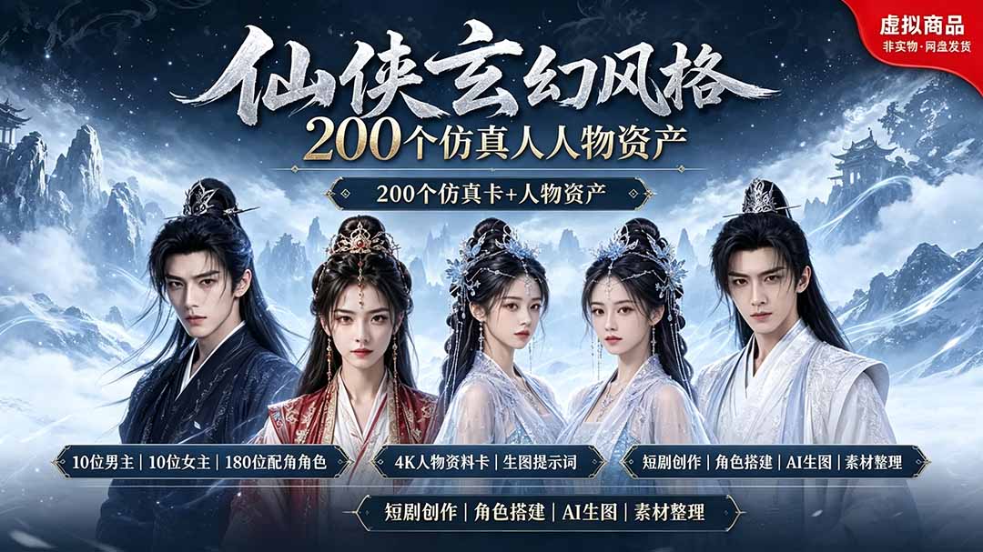 200个仙侠玄幻仿真人素材◆10男主×10女主×180配角，4K资料卡+AI生图提示词，漫剧必备-来聚吧