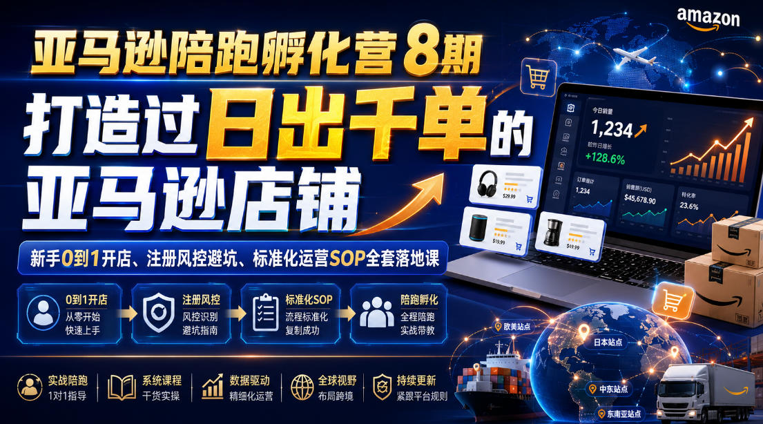 亚马逊陪跑孵化营8期，打造过日出千单的亚马逊店铺，新手0到1开店、注册风控避坑、标准化运营SOP全套落地课-来聚吧