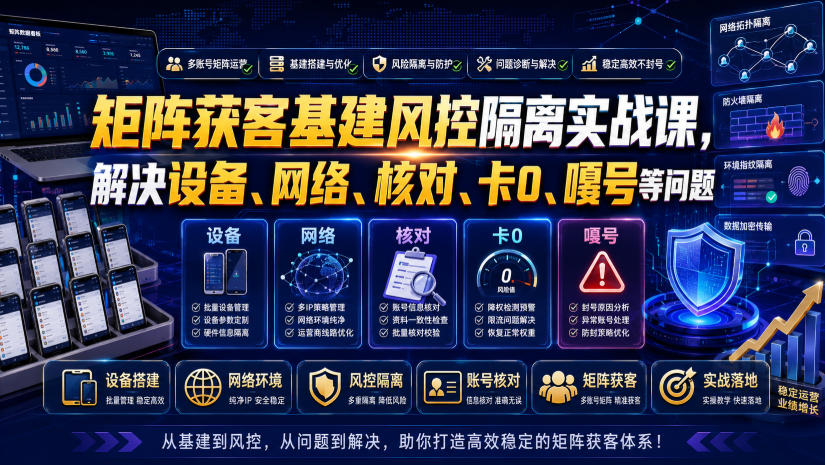 矩阵获客基建风控隔离实战课,解决设备、网络、核对、卡0、嘎号等问题-来聚吧