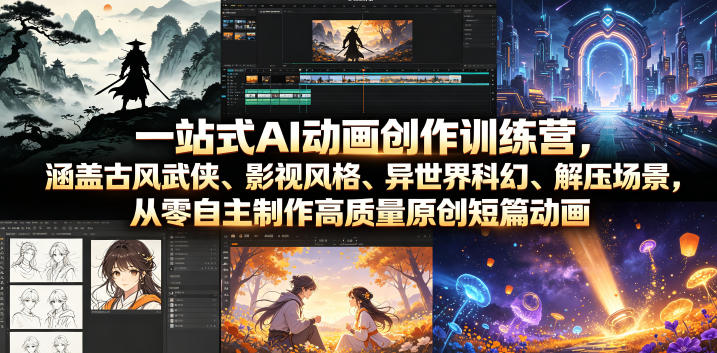 一站式AI动画创作训练营,涵盖古风武侠、影视风格、异世界科幻、解压场景,从零自主制作高质量原创短篇动画(更新)-来聚吧