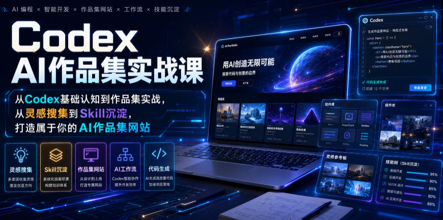 Codex AI作品集实战课,从Codex基础认知到作品集实战,从灵感搜集到Skill沉淀,打造属于你的AI作品集网站-来聚吧
