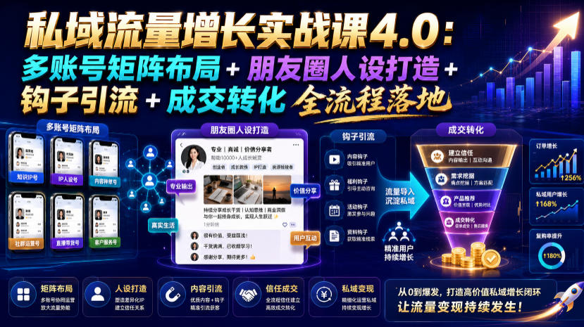 私域流量增长实战课4.0:多账号矩阵布局+朋友圈人设打造+钩子引流+成交转化全流程落地-来聚吧