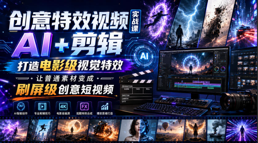 创意特效视频实战课,AI+剪辑打造电影级视觉特效,让普通素材变成刷屏级创意短视频-来聚吧
