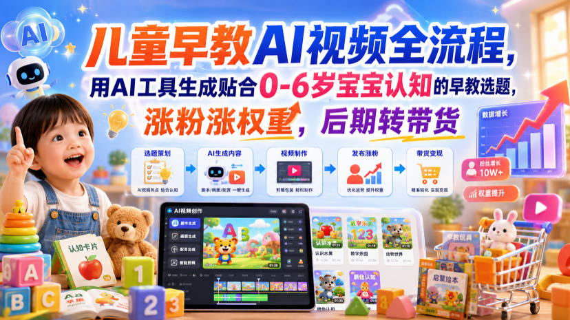 儿童早教AI视频全流程，用AI工具生成贴合0-6岁宝宝认知的早教选题，涨粉涨权重，后期转带货-来聚吧