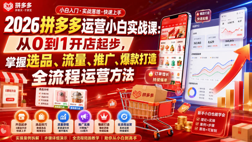 2026拼多多运营小白实战课:从0到1开店起步,掌握选品、流量、推广、爆款打造全流程运营方法-来聚吧