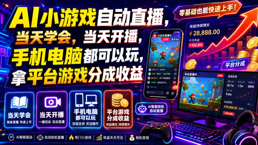 AI小游戏自动直播,当天学会,当天开播,手机电脑都可以玩,拿平台游戏分成收益-来聚吧
