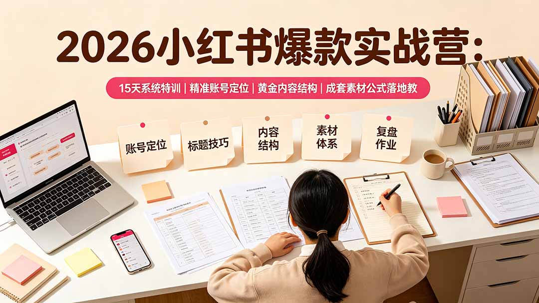 2026小红书爆款实战营:15天系统特训|精准账号定位|黄金内容结构|成套素材公式落地教程-来聚吧