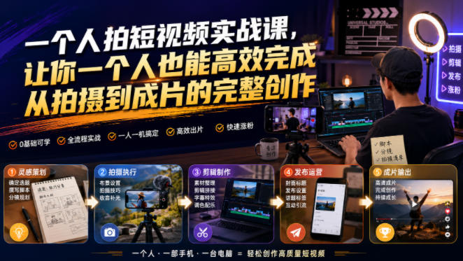 一个人拍短视频实战课，让你一个人也能高效完成从拍摄到成片的完整创作-来聚吧