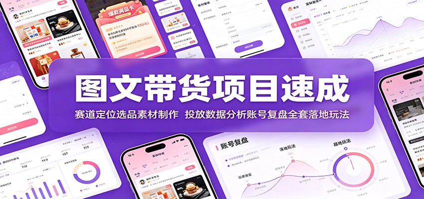 图文带货项目速成:赛道定位选品素材制作,投放数据分析账号复盘全套落地玩法-来聚吧
