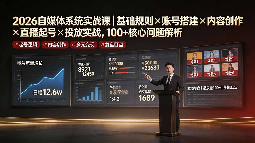 2026自媒体系统实战课|基础规则×账号搭建×内容创作×直播起号×投放实战,100+核心问题解析-来聚吧