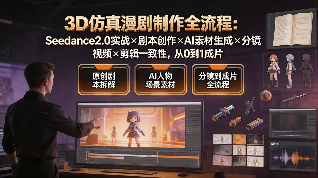 3D仿真漫剧制作全流程:Seedance2.0实战×剧本创作×AI素材生成×分镜视频×剪辑一致性,从0到1成片-来聚吧