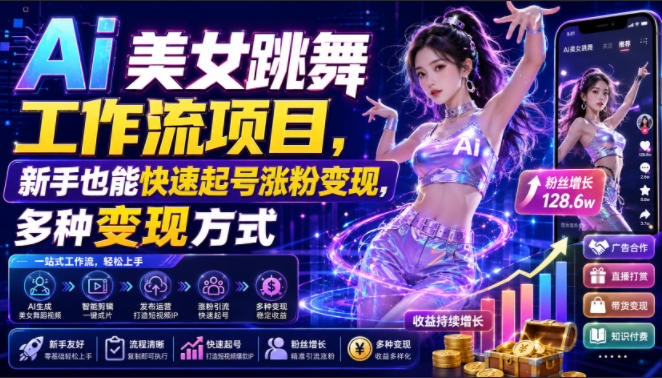Ai美女跳舞工作流项目,新手也能快速起号涨粉变现,多种变现方式-来聚吧