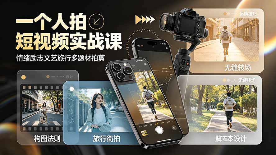 一个人拍短视频实战课:情绪励志文艺旅行多题材×五大景别×黄金构图×八大运镜,从拍摄到成片高效创作-来聚吧