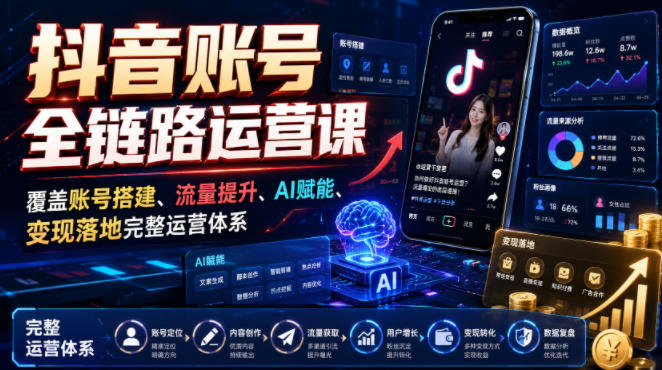 抖音账号全链路运营课,覆盖账号搭建、流量提升、AI赋能、变现落地完整运营体系-来聚吧