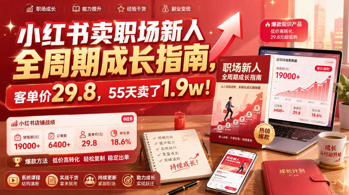 小红书卖职场新人全周期成长指南，客单价29.8，55天卖了1.9w！-来聚吧