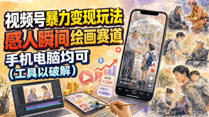 视频号暴力变现玩法,感人瞬间绘画赛道,手机电脑均可-来聚吧