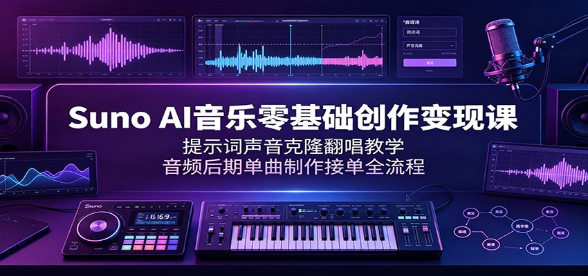 Suno AI音乐零基础创作变现课:提示词声音克隆翻唱教学,音频后期单曲制作接单全流程-来聚吧