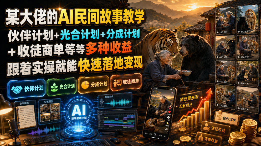 某大佬的AI民间故事教学,伙伴计划+光合计划+分成计划+收徒商单等多种收益,跟着实操就能快速落地变现-来聚吧