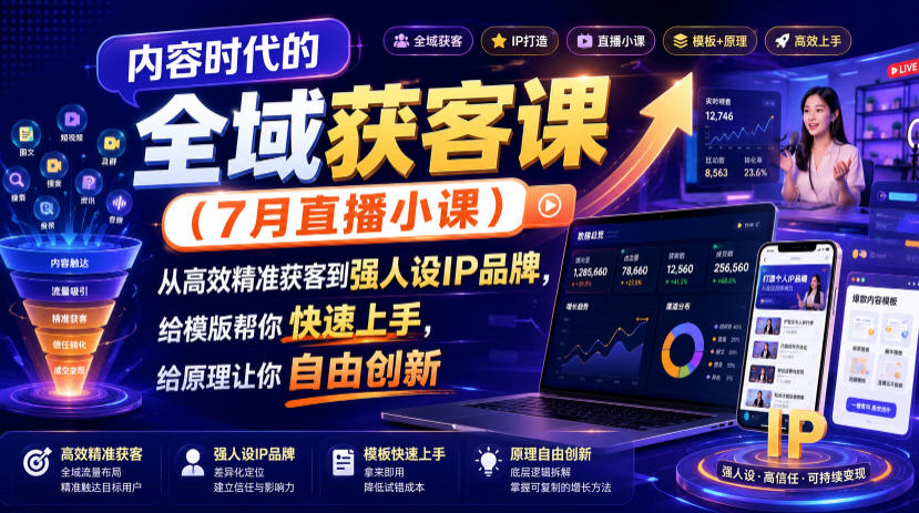 内容时代的全域获客课(7月直播小课),从高效精准获客到强人设IP品牌,给模版帮你快速上手,给原理让你自由创新-来聚吧