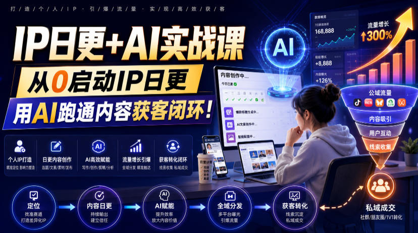 IP日更+AI实战课,从0启动IP日更,IP置顶视频制作+100条选题库搭建+10条日更规划,用AI跑通内容获客闭环!-来聚吧