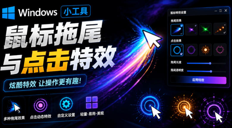 Windows特效小工具!一键给你的鼠标添加拖尾与点击动态特效,吾爱出品,免费使用Mouse Trail-来聚吧