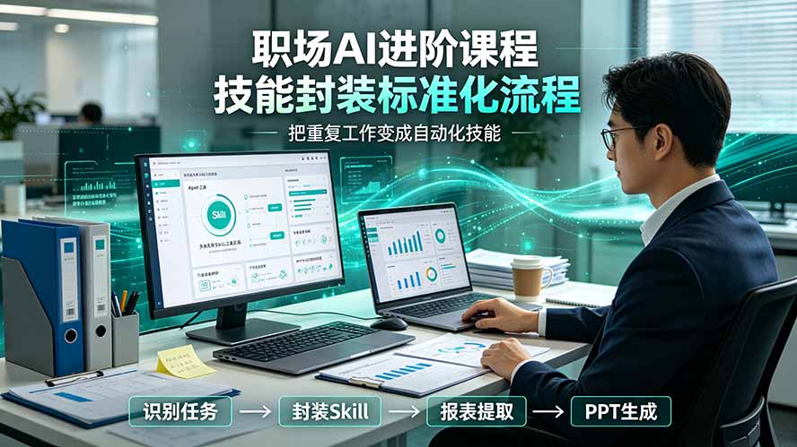 职场AI进阶课程;多类实用Skill工具实操,专属技能封装标准化流程,报表行业报告一键提取核心内容-来聚吧