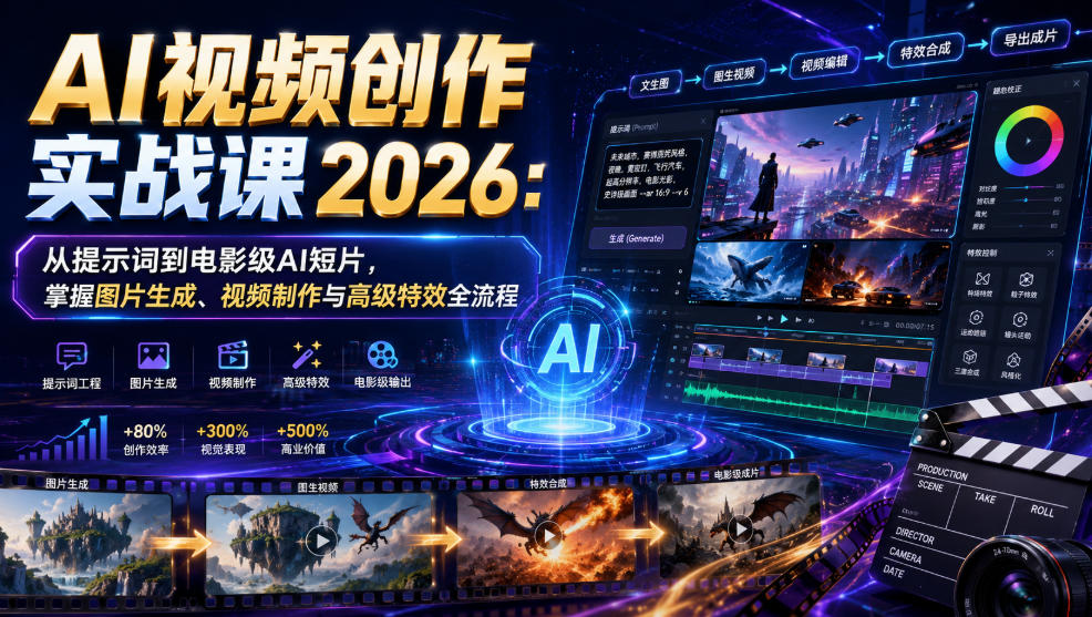 AI视频创作实战课2026:从提示词到电影级AI短片,掌握图片生成、视频制作与高级特效全流程-来聚吧