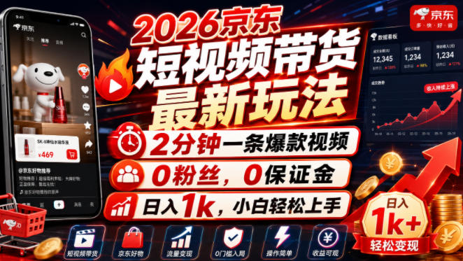 2026京东短视频带货最新玩法,2分钟一条爆款视频,0粉丝,0保证金,日入1k,小白轻松上手【揭秘】-来聚吧