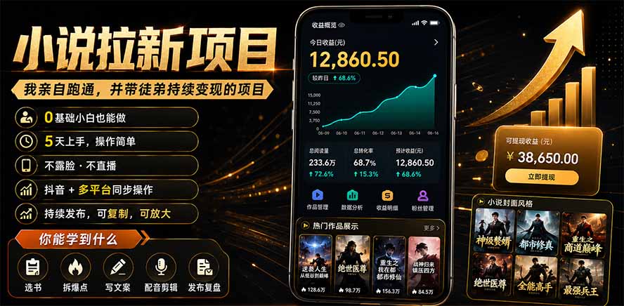 抖音及多平台小说拉新项目:我亲自跑通并持续带徒弟实操|0基础小白5天上手快速变现-来聚吧