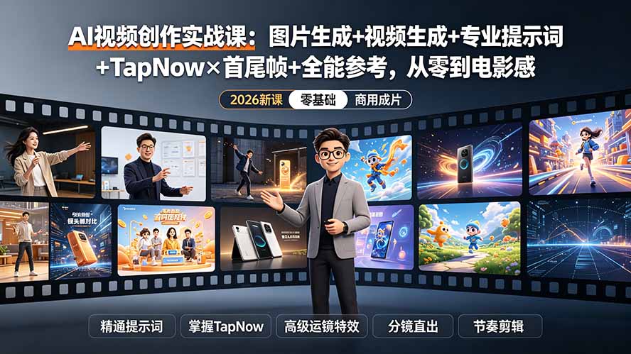 AI视频创作实战课:图片生成+视频生成+专业提示词+TapNow×首尾帧+全能参考,从零到电影感成片-来聚吧
