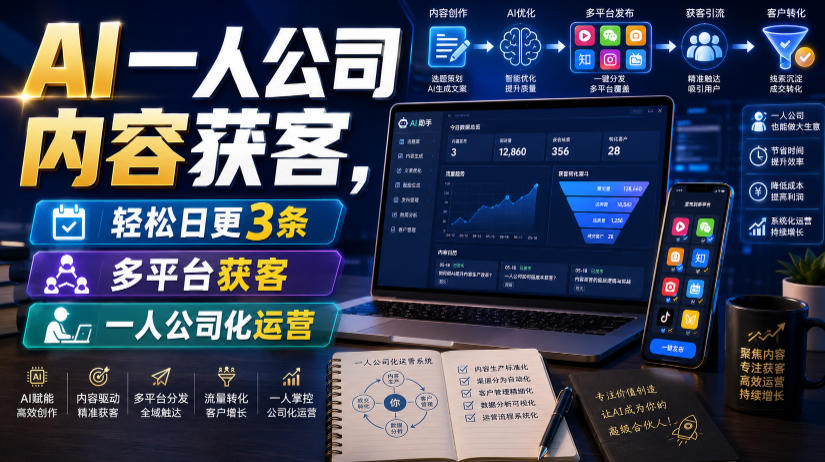 AI一人公司内容获客,轻松日更3条,多平台获客,一人公司化运营-来聚吧