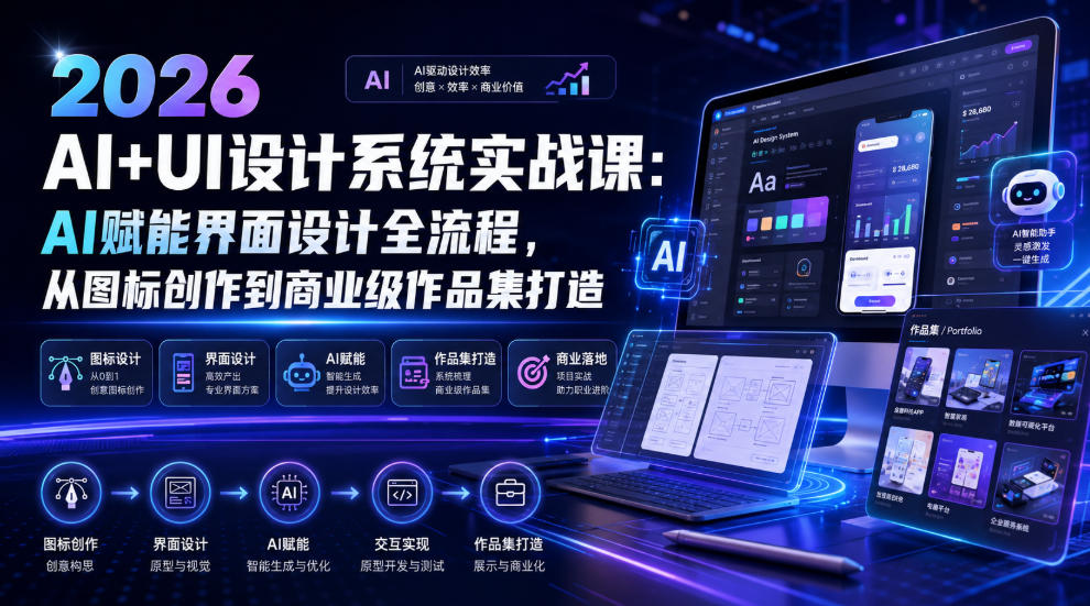 2026 AI+UI设计系统实战课:AI赋能界面设计全流程,从图标创作到商业级作品集打造-来聚吧