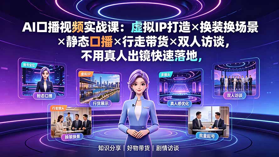 AI口播视频实战课:虚拟IP打造×换装换场景×静态口播×行走带货×双人访谈,不用真人出镜快速落地-来聚吧