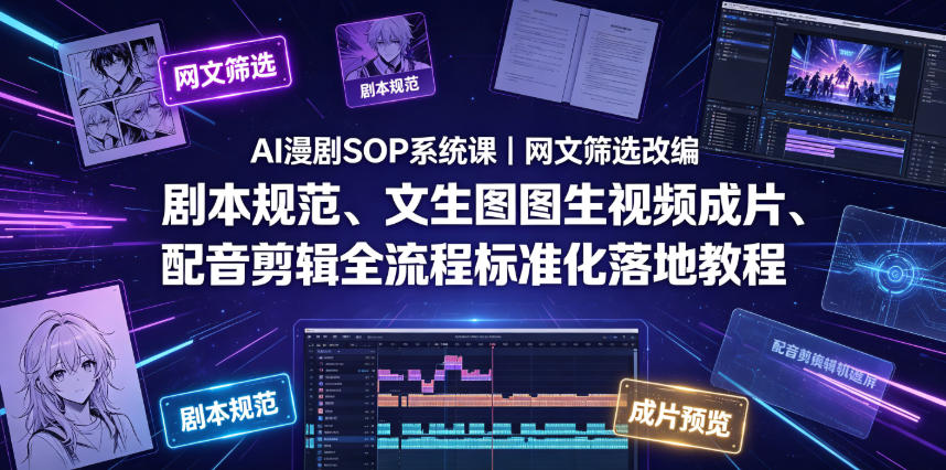 AI漫剧SOP系统课｜网文筛选改编、剧本规范、文生图图生视频成片、配音剪辑全流程标准化落地教程(更新)-来聚吧