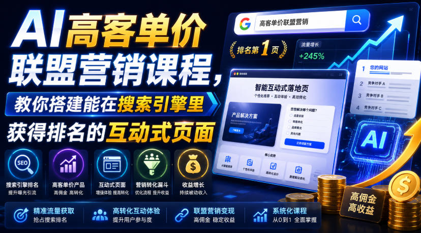 AI高客单价联盟营销课程,教你搭建能在搜索引擎里获得排名的互动式页面,引来流量,把访客转化为高佣金的成交【原创双语字幕】-来聚吧