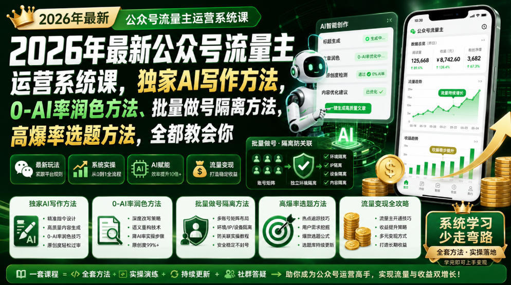 2026年最新公众号流量主运营系统课,独家AI写作方法,0-AI率润色方法、批量做号隔离方法、高爆率选题方法,全都教会你-来聚吧
