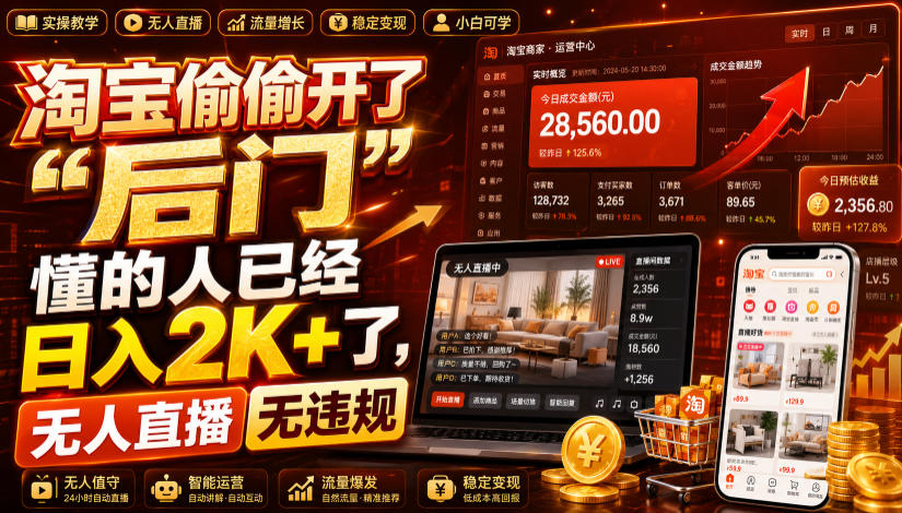 淘宝偷偷开了“后门”,懂的人已经日入2K+了,无人直播无违规,一台电脑=一家24小时营业的线上门店【揭秘】-来聚吧