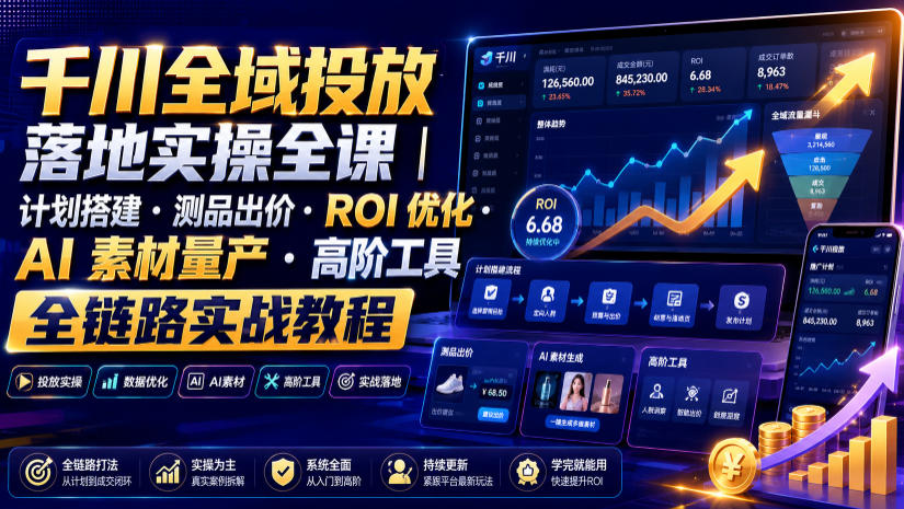 千川全域投放落地实操全课｜计划搭建・测品出价・ROI优化・AI素材量产・高阶工具全链路实战教程-来聚吧