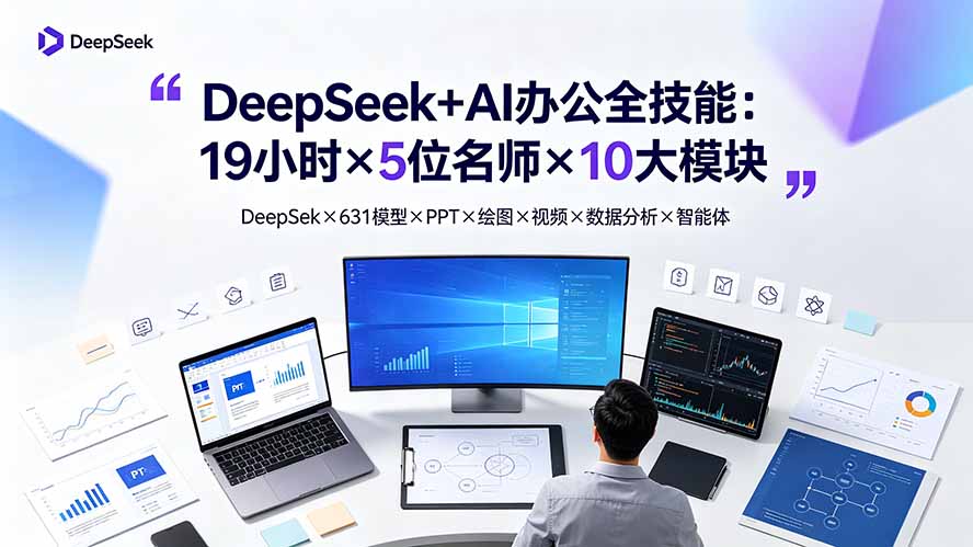 DeepSeek+AI办公全技能:19小时×5位名师×10大模块,DeepSeek×631模型×PPT×绘图×视频×数据分析×智能体-来聚吧