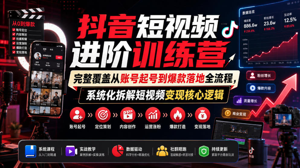 抖音短视频进阶训练营,完整覆盖从账号起号到爆款落地全流程,系统化拆解短视频变现核心逻辑-来聚吧