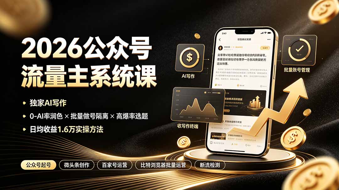 2026公众号流量主系统课:独家AI写作×0-AI率润色×批量做号隔离×高爆率选题,日均收益1.6万实操方法-来聚吧