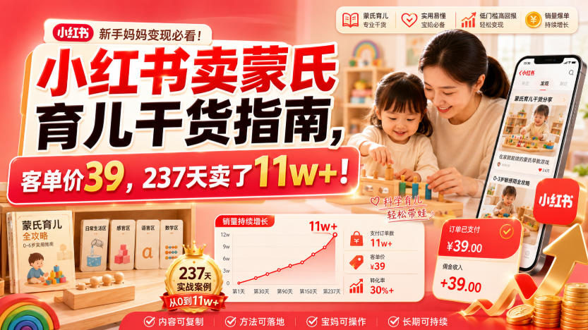 小红书卖蒙氏育儿干货指南,客单价39,237天卖了11w+!-来聚吧
