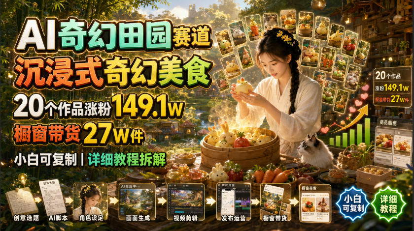 AI奇幻田园赛道,沉浸式奇幻美食,20个作品涨粉149.1W,橱窗带货27W件,小白可复制,详细教程拆解-来聚吧