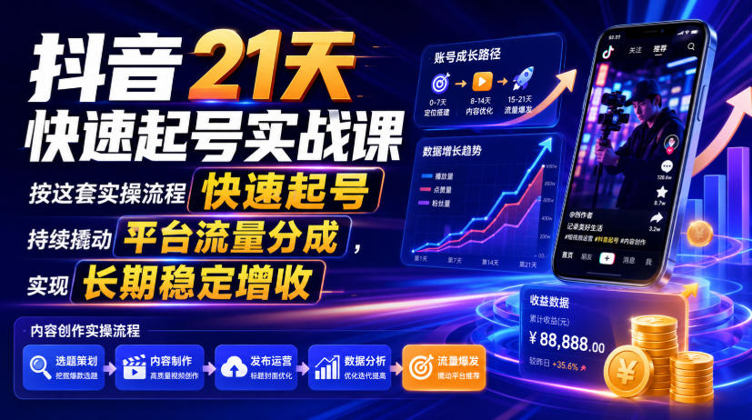 抖音21天快速起号实战课,按这套实操流程快速起号,持续撬动平台流量分成,实现长期稳定增收-来聚吧