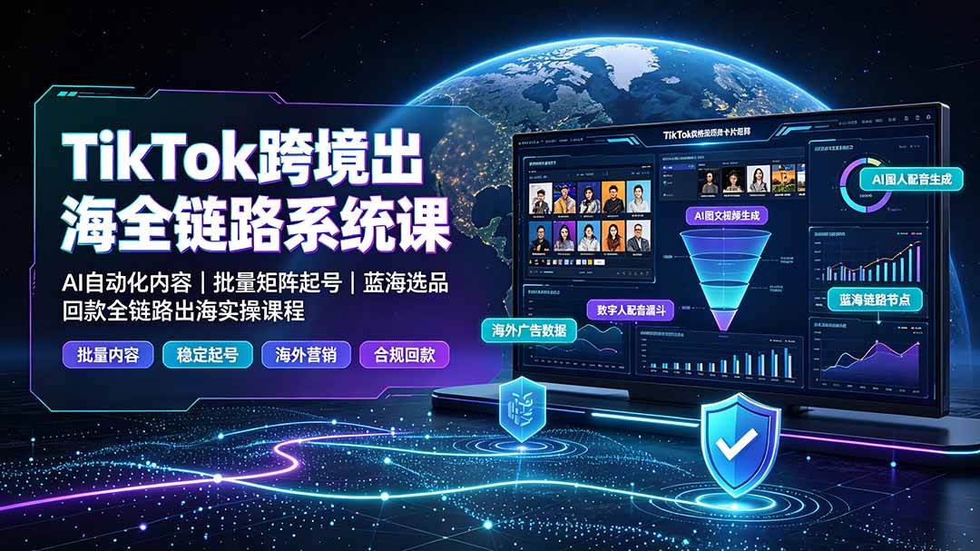 TikTok跨境出海全链路系统课-2026年7月:AI自动化内容|批量矩阵起号|蓝海选品回款全链路出海实操课程-来聚吧