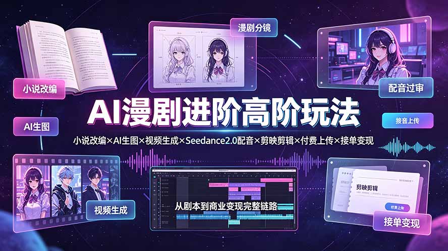 AI漫剧进阶高阶玩法：小说改编×AI生图×视频生成×Seedance2.0配音×剪映剪辑×付费上传×接单变现-来聚吧