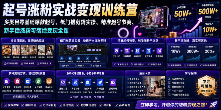 苗子起号涨粉实战变现训练营,多类目零基础爆款起号、精准起号节奏、新手稳涨粉可落地变现全课(更新0719)-来聚吧