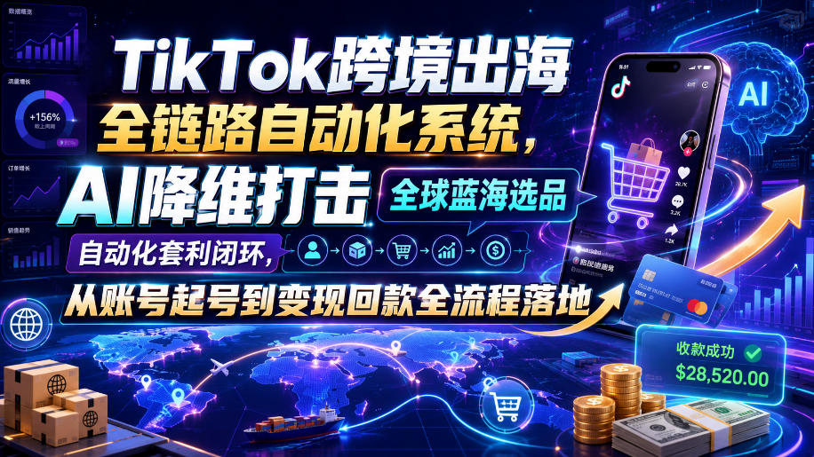 TikTok跨境出海全链路自动化系统,AI降维打击全球蓝海选品自动化套利闭环,从账号起号到变现回款全流程落地(2026年7月)-来聚吧