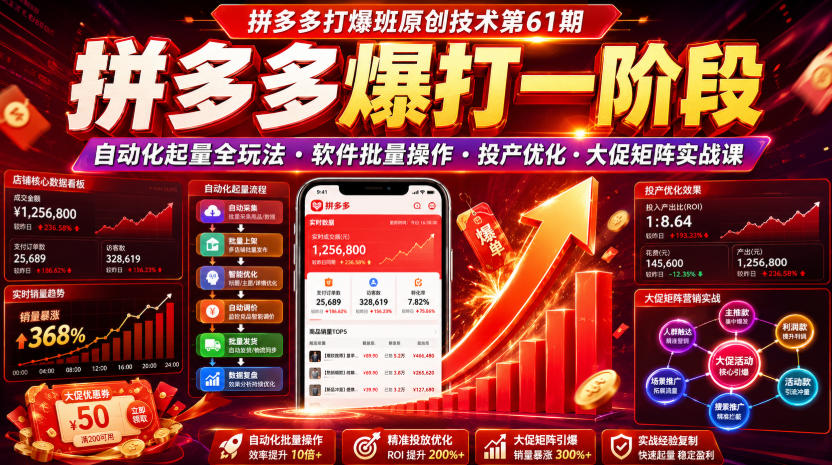 拼多多打爆班原创技术第61期,拼多多爆打一阶段,自动化起量全玩法・软件批量操作・投产优化・大促矩阵实战课-来聚吧