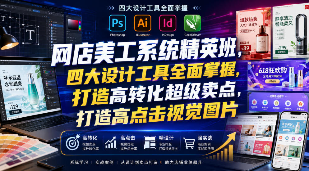 网店美工系统精英班,四大设计工具全面掌握,打造高转化超级卖点,打造高点击视觉图片(2026年7月)-来聚吧
